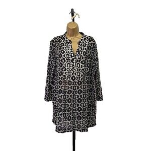 Chicos Black Cream Sheer Tunic Popover Top Womens 3 2X Plus Sequins Geometric
